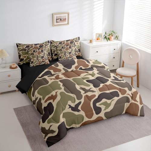 Erosebridal Duck Hunting 7 Pieces Bed Set Twin Size Army Camo Comforter Set Kids Boys Green Camouflage Military Bed in A Bag with Comforter Wild Woodland Sheet Set Farmhouse Room Decor Erosebridal