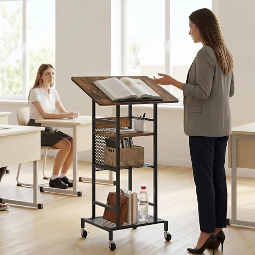 MAHANCRIS Podium Stand with Locking Wheels, 4-Tier Mobile Lectern with Storage Shelves and Non-Slip Lip, for Classroom, Church, Conference Standing Desk, Rustic Brown and Black LPHR6001 MAHANCRIS