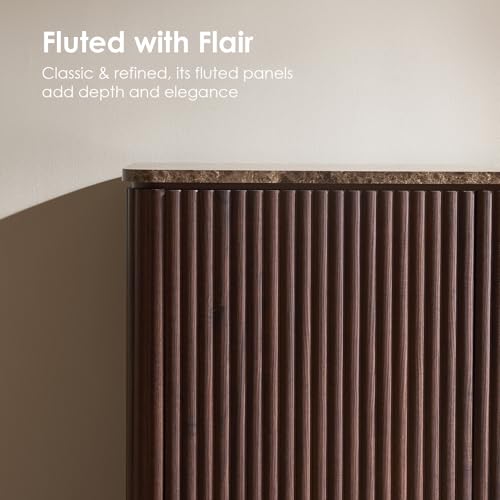 Fluted 2 Doors Sideboard Cabinet with Storage, 34" Wooden Credenza with Shelves, Faux Marble-Top Coffee Bar Console Table, Modern Buffet Cabinet for Dining, Kitchen, Living Room, Entryway, Dark Oak DelArk