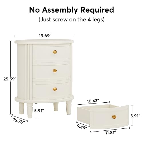LITTLE TREE No Assembly Nightstand with 3 Drawers, Farmhouse Off-White Bedside Table for Bedroom, All Wooden Oval Nightstand with Storage LITTLE TREE