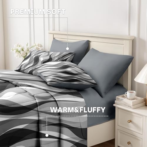 Nesker Comforter Set Queen Size, Minimalist 7 Pcs Bedding for Kids and Adults, Black White Gray Wave Bed Sheet Sets with Fitted Sheet 2 Pillowcases & 2 Shams Nesker