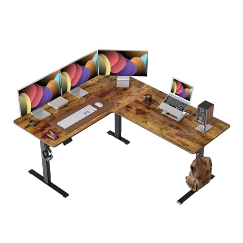 CubiCubi L Shaped Standing Desk 63 x 55 Inch Adjustable Height, Electric Corner Desk, Sit Stand Home Office Desk with Splice Board, Rustic Brown CubiCubi