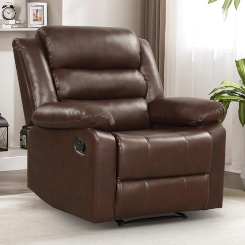 IOMOR Manual Recliner Chair with Overstuffed Arm and Extra-Padded Back, Breathable PU Leather Reclining Chair for Adults, Single Sofa for Living Room, Bedroom (Dark Brown)