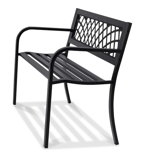VEVOR Outdoor Bench, 46" Iron Steel Frame Garden Park Bench with Mesh Pattern and Plastic Backrest Armrests, Patio Bench for Garden, Park, Yard, Front Porch VEVOR