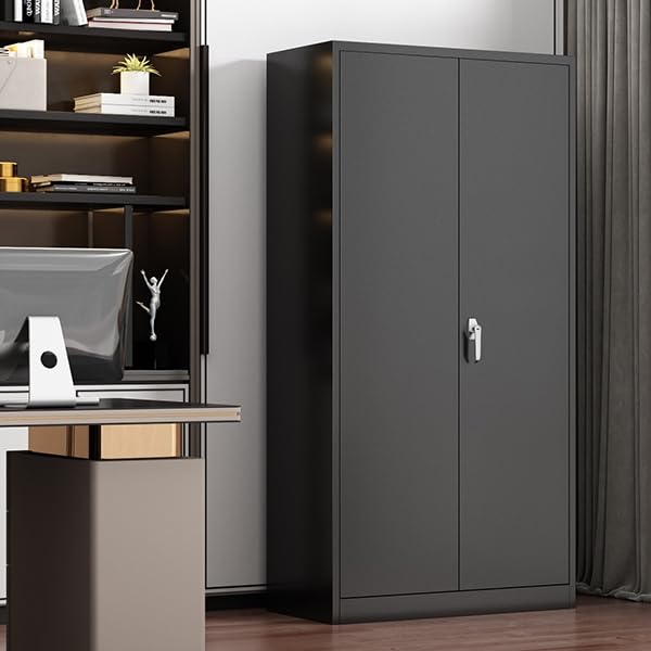 Waqiv Black Metal Storage Cabinet with Door, Locking Steel Cabinet with 4 Adjuestable Shelves, Tall Lockable Garage Tool Storage Cabinet for Home, Waqiv