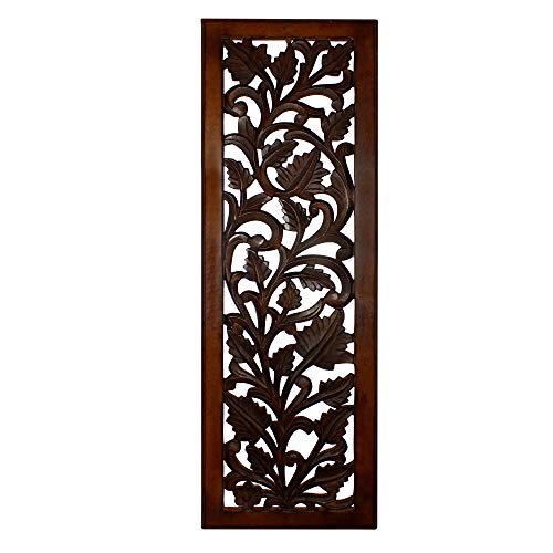 Benjara Mango Wood Wall Panel Hand Crafted with Leaves and Scroll Work Motif, Brown, Rectangle Benzara