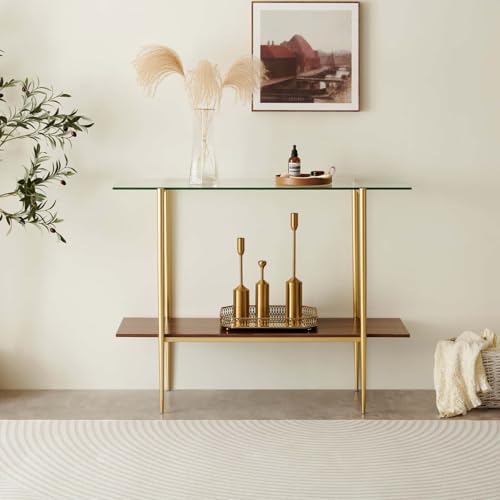 LumFurn Glass Console Table for Living Room, Foyer & Entrance, 2-Tiers Mid-Century Modern Sofa Table with Clear Glass Top, Walnut Finish Wood Top and Gold Finish Metal Frame LumFurn