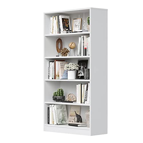 5-Shelf White Wooden Bookcase for Home, Office, and School Display Sunon