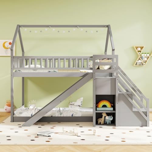 Giantex House Bunk Bed Twin Over Twin with Slide & Stairs, Wood Bunk Bed with Storage Shelves, No Box Spring Needed, Twin Floor Bed for Kids Teens Boys Girls (Grey) Giantex