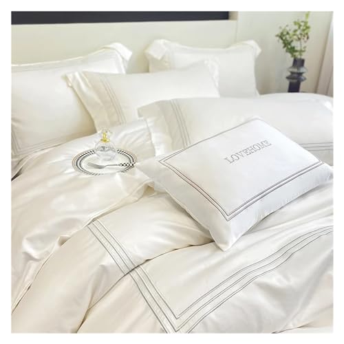 YUSIWOAL Cotton Bedding Set Home Textile Three Lines Embroidery Luxurious Pillowcase Sheet Quilt Cover Twin/Queen/Single Bed,Summer Duvet Cover sets(Bianco,Queen size 1.8M Bed 4pcs) YUSIWOAL