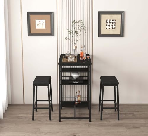 YHUBHSIS 3-Piece Dining Table and Chairs Set, 2-Person Kitchen Table and Chairs Set,with 3 Large Storage Shelves, for Kitchen Breakfast Table, Living Room, Bar, Small Space, Apartment (Black) YHUBHSIS