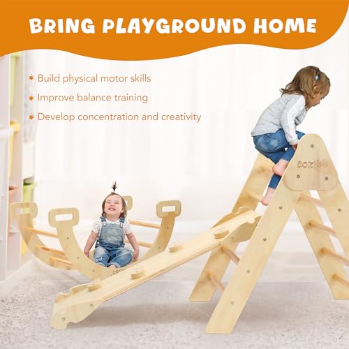 CoziBB Pikler Triangle Set, 5 in 1 Wooden Montessori Climbing Toys Baby Indoor Playground Gym, Foldable Indoor Climbing Toys with Ramp, Arch Climber, Baby Climbing Toys for Toddlers 1-3 Inside CoziBB