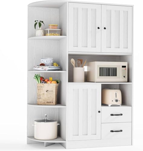 Gizoon 60.4" Farmhouse Kitchen Pantry Storage Cabinet with Doors and Adjustable Shelves, Large Kitchen Hutch with Drawers, Freestanding Cupboard for Dining Room, Living Room, White Gizoon