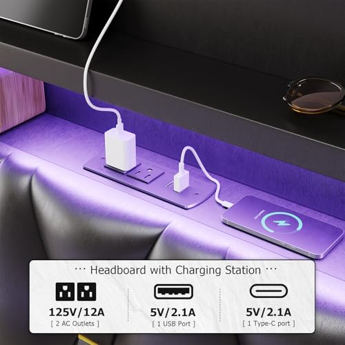 BYSAUD Floating Bed Frame with Hidden Storage in The Openable Marshmallow Headboard,King Size Bed Frame with Charging Station Including 2 Standard Sockets & Led Lights,PU Leather (King) BYSAUD