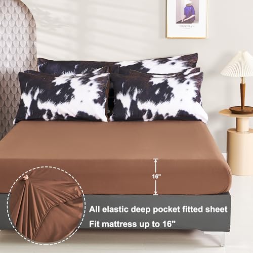 SUCSES 8 Pieces California King Comforter Set with Sheets, Cal King Size Cow Fur Print Bedding Set for Kids Teens Boys Girls, Western Style Highland Cowhide Farmhouse Bed in A Bag SUCSES