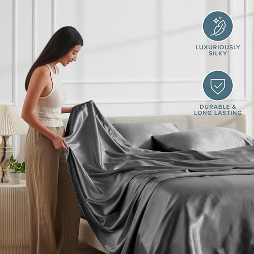 Bare Home King Poly Satin Sheet Set - Luxury Soft and Smooth Satin - for Hair and Skin - Breathable - Similar to Silk - Deep Pocket up to 15” - Bedding Sheet Set (King, Grey) Bare Home