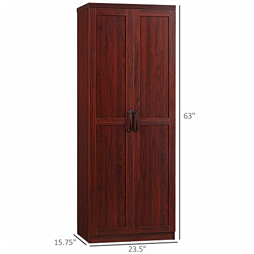 HOMCOM 63" 2-Door Kitchen Pantry, Freestanding Storage Cabinet with 5-tier Shelving and 2 Adjustable Shelves for Dining Room, Cherry Wood Color HOMCOM