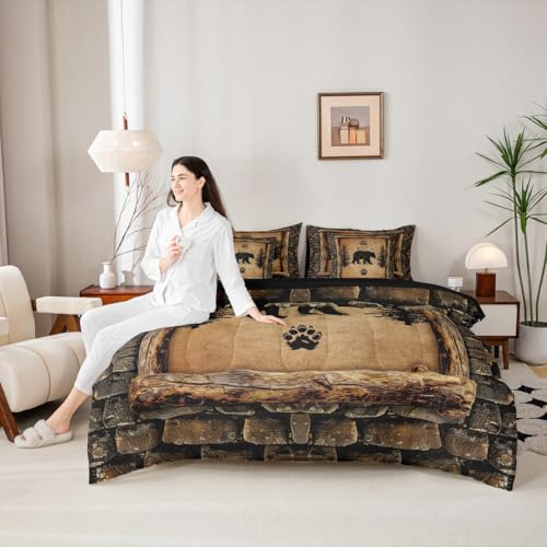 Feelyou Kids Rustic Bear 7 Piece Bedding Set King Size Farmhouse Forest Animal Black Bear Comforter Set with Sheets Boys Girls Hunting Country Brown Bed in a Bag Feelyou