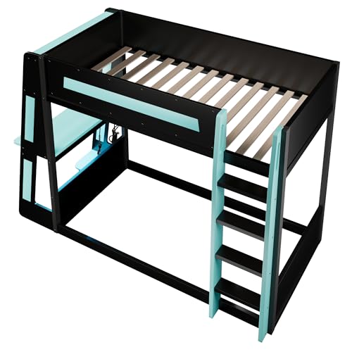 CKLMMC Twin Size Wooden Gaming Bunk Bed with Desk, Two Storage Shelves, USB and LED Light, Sturdy Loft Bed for Gamers & Small Spaces (Black+Blue3) CKLMMC