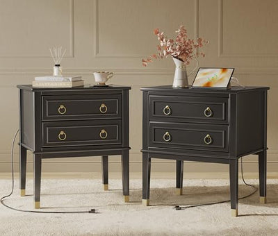 Huuger 27.6 Inch Tall Nightstand with Charging Station, USB-C Port, Larger Night Stand Set of 2, Bedside Table with 2 Drawers, 11.4 Inch Raised Legs, Side Tables End Tables, for Bedroom, Black
