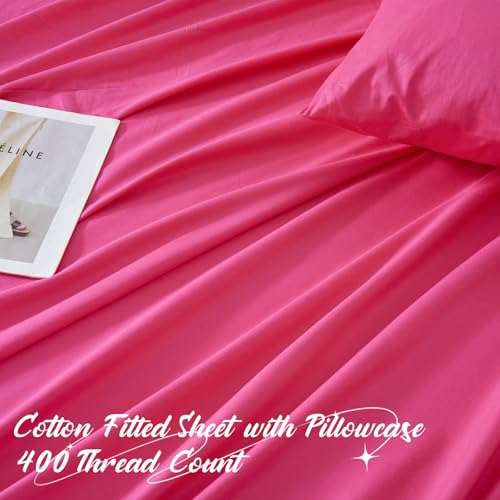 Homiest 3PCS Pure Cotton Fitted Sheet & Pillowcase Set, Queen Size, 400 Thread Count, Soft & Breathable, 15 Inch Deep Pocket, Luxury 5-Star Hotel Quality Cotton Sheets, Hot Pink Homiest