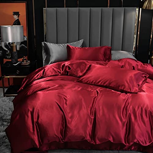 Satin Bedding Set Full Wine Red Silk Like Satin Duvet Cover Set Luxury Soft Burgundy Comforter Cover Adults Bedroom Decor Chic Luxurious Silky Bedspread Cover Zipper (1 Duvet Cover + 2 Pillow Case) Feelyou