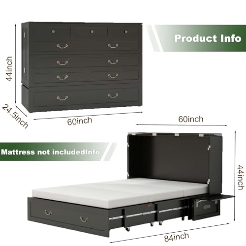 TemkTuek Queen Size Murphy Bed Cabinet with Drawers Storage & USB Charging Station, Space-Saving Hideaway Bed for Guest Room & Small Bedroom 84" L x 60" W x 44" H Black-7(NOT Included Mattress) TemkTuek