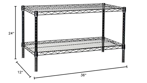 Omega Shelving Storage | 2 Tier Starter Shelving Unit 12" Deep x 24" Wide x 36" High - 800 lb Weight Capacity per Shelf, Adjustable Wire Shelving, Tool-Free Assembly |Black Shelving Omega