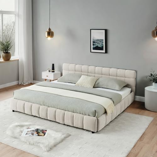 California King Cloud Bed Frame with Storage Drawers, Soft Padded Headboard Tufed Upholstered Low to Ground Floor Bed Marshmallow Bubble with Wood Slats No Box Spring Need, Noise-free(Beige Chenille) Deolme