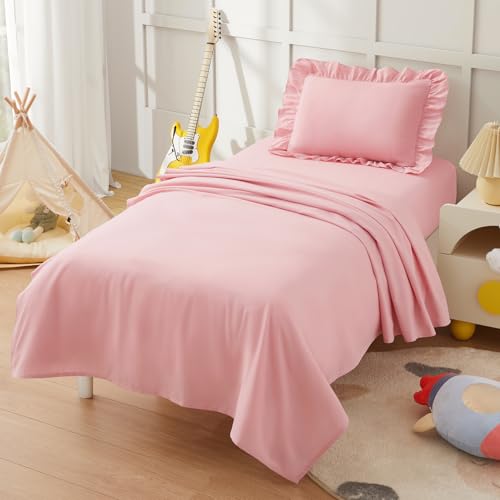 KKJIAF 3 Piece Toddler Sheet Set Microfiber, Includes a Flat Sheet, a Fitted Sheet and a Ruffle Pillowcase, Light Pink KKJIAF