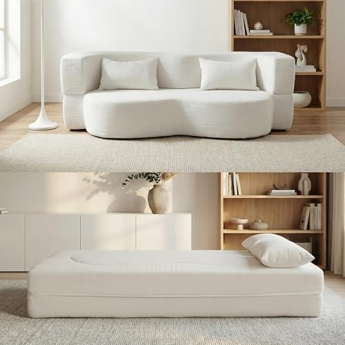 2-in-1 Folding Convertible Sofa Bed - 78 Inch Boneless Teddy Loveseat Sleeper, Foldable Floor Futon Couch with Pillow, Pull-Out Modular Matress for Small Spaces (Living Room/Bedroom/Dorm) (White) Hdxdkog