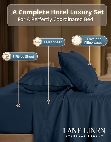 LANE LINEN Queen Bed Sheets - Pemium 600 Thread Count Long Staple 100% Cotton Sheets Queen Size Bed Set, Hotel Luxury Sateen Finish, 15" Deep Pocket Fitted Sheet, Cool & Durable - Denim LANE LINEN