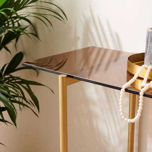 AGV 202401 2-Tier Glass Wood Console Table, Mid-Century Modern Style, Perfect for Living Room, Entryway, Foyer, D41×H31.5, Amber Glass Top & Walnut Wood Top & Gold Finish Metal Frame AGV LIGHTING