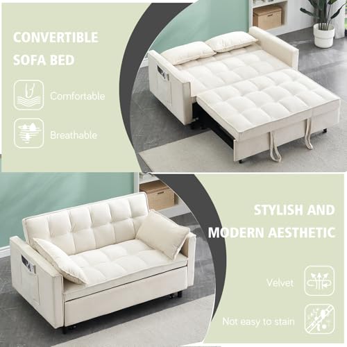 3 in 1 Convertible Sleeper Sofa Bed, 55'' Full Size Corduroy Pull Out Futon Couch Recliner with Reclining Backrest & 2 Pillows, Small Loveseat Lounge Couches for Small Spaces (Beige) MWrouqfur