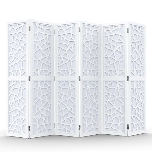 VINGLI 70'' H Room Divider, Non-Woven Fabric Privacy Screen, Indoor Partition Wall Dividers, Freestanding Hinged Space Separator with Modern Unique Pattern (White, 6 Panel) VINGLI