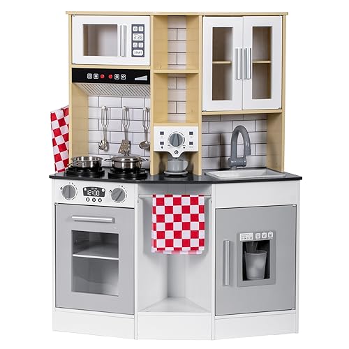 BRINJOY Kitchen Playset for Kids, Wooden Toddler Play Kitchen w/Faucet, Sink, Microwave, Oven, Apron, Cabinets, Children Pretend Play Cooking Toy Set w/Sound & Light, Gift for Girls Boys Age 3+ BRINJOY