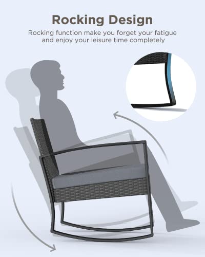 Qsun 3 Pieces Patio Furniture Set Rocking Bistro Set Outdoor Rattan Conversation with Coffee Table for Garden Balcony Backyard Poolside (Grey Cushion) Qsun