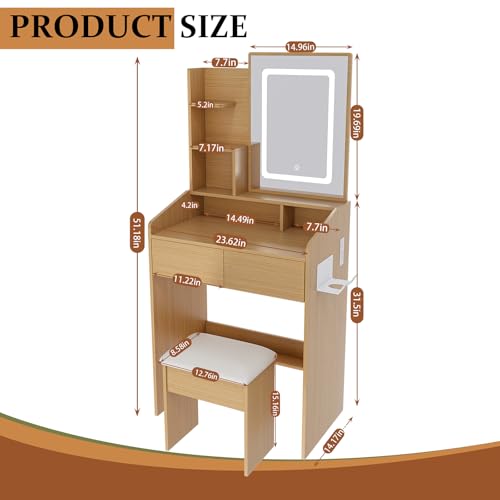 QueZeiah Small Makeup Vanity Desk with Mirror and Lights, Mini Vanity with Stool, 2 Large Drawers, Charging Station, Dressing Table Set for Women's Bedroom, Dressing Room, Wood QueZeiah