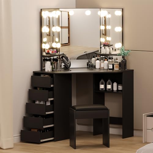 Garvee Corner Vanity Desk and Bench, Makeup Vanity Table with 3-Folding Lighted Mirrors, Charging Station, 5 Drawers for Bedroom Garvee