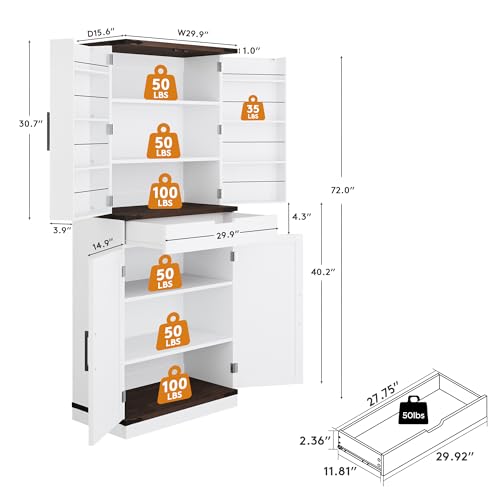 GRUSIGN 72" Kitchen Pantry Storage Cabinet with Doors and Shelves, Wood Farmhouse Pantry Storage with Barn Doors for Kitchen, Dining Room, Living Room GRUSIGN