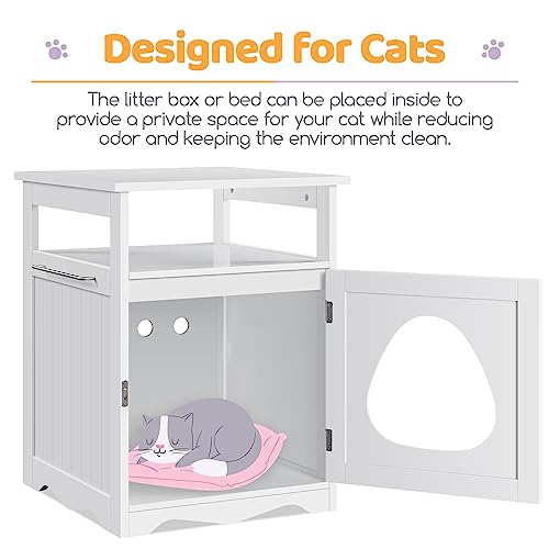 Yaheetech Cat Litter Box Enclosure, Hidden Litter Box Furniture with Open Shelf, Indoor Cat Washroom, Storage Cabinet Pet Crate, Side End Table, Wooden Pet House White Yaheetech