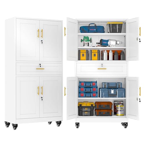 GAIOUS 71” Tall Metal Garage Storage Cabinet with Wheels and Drawer, Steel File Cabinet for Home Office, Tool Cabinet with 4 Locking Doors and 3 Adjustable Shelves, Rolling Cabinet for Garage - White GAIOUS