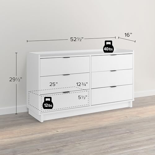 Prepac Simply Modern 6-Drawer Double Dresser for Bedroom, Chest of Drawers, Modern Bedroom Furniture, 52.5” wide x 16” deep x 29.5” tall, White Prepac