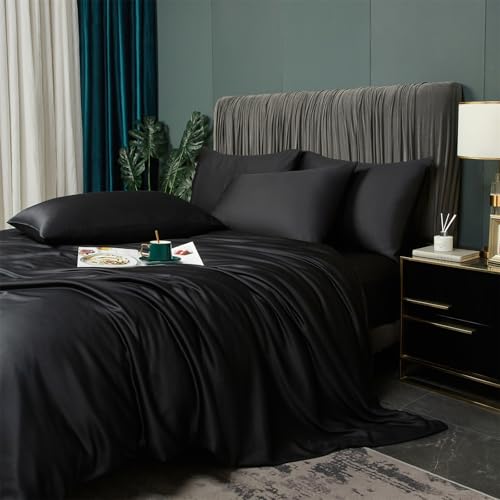 YASMENG Cooling Duvet Cover Full Set Black, 100% Viscose Derived from Bambo, Summer Soft Breathable Rayon Bedding Set for Hot Sleepers, Luxury Luxurious Silky Smooth Comforter Cover for All Seasons YASMENG