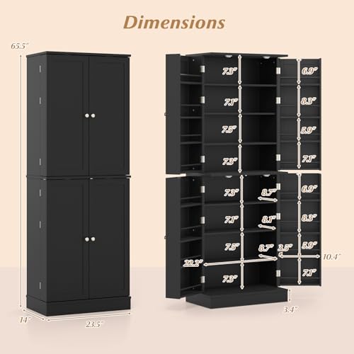 Giantex Kitchen Pantry Cabinet, 65.5" Tall Kitchen Hutch w/8-Tier Storage Cabinet, 16-Tier Door Shelves & Adjustable Shelves, 4-Door Freestanding Buffet Sideboard for Dining Room, Living Room (Black) Giantex