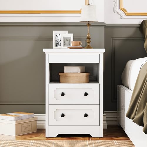 LIKIMIO Night Stand, Modern Bedside Table with 2 Drawers, Open Shelf, End Table with Pull-Out Tray, Wood SideTable, White LIKIMIO