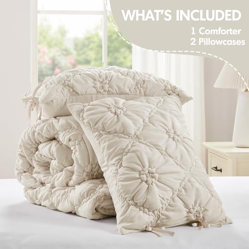 Intelligent Design King Comforter Set – Ivory Lily Puffy Floral Shabby Chic Boho Bedding Comforter Set, Pinch Pleat Bedding Sets, Ultra-Soft, Lightweight & All-Season, King/Cal K Intelligent Design