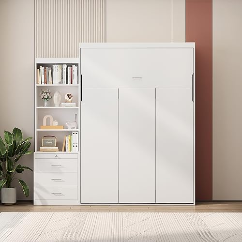 Harper & Bright Designs Full Size Murphy Bed, Morden Full Vertical Murphy Bed Frame with Shelf and Drawers, Wall Bed Hidden Bed Gas Struts, White Harper & Bright Designs