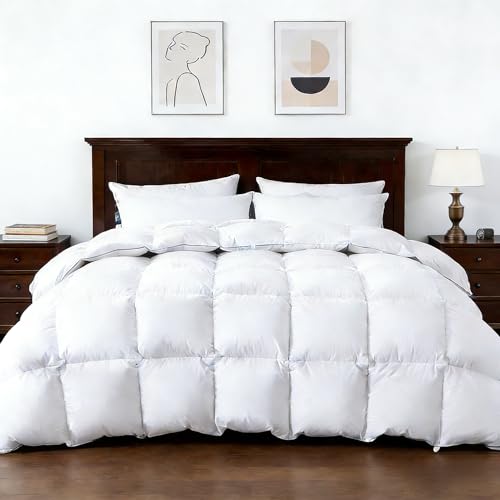 Feather Down Fiber Comforter Queen Size,Premium Ultra-Soft Breathable Comforter High Fill Power White Duvet Insert,All Season Hotel Luxury Bedding Comforters 8 Corner & Center Loops,Baffle Box Design HYVIF