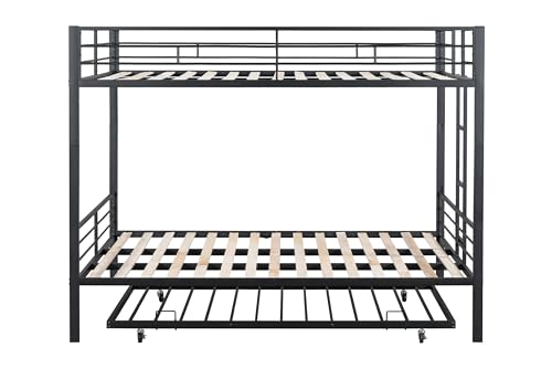 PVWIIK Queen Over Queen Metal Bunk Bed with Trundle for Kids,Heavy Duty Bunk Bed w/Ladder & Full Length Guardrail No Box Spring Needed,for Dorm,Bedroom,Guest Room, Black PVWIIK